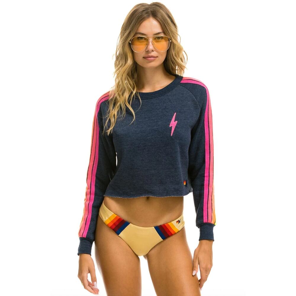 Aviator Nation Bolt Embroidery Cropped Crew Sweatshirt Heather Navy Small EUC